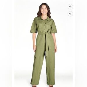Free Assembly Women’s Cotton Cargo Jumpsuit With Puff Sleeves